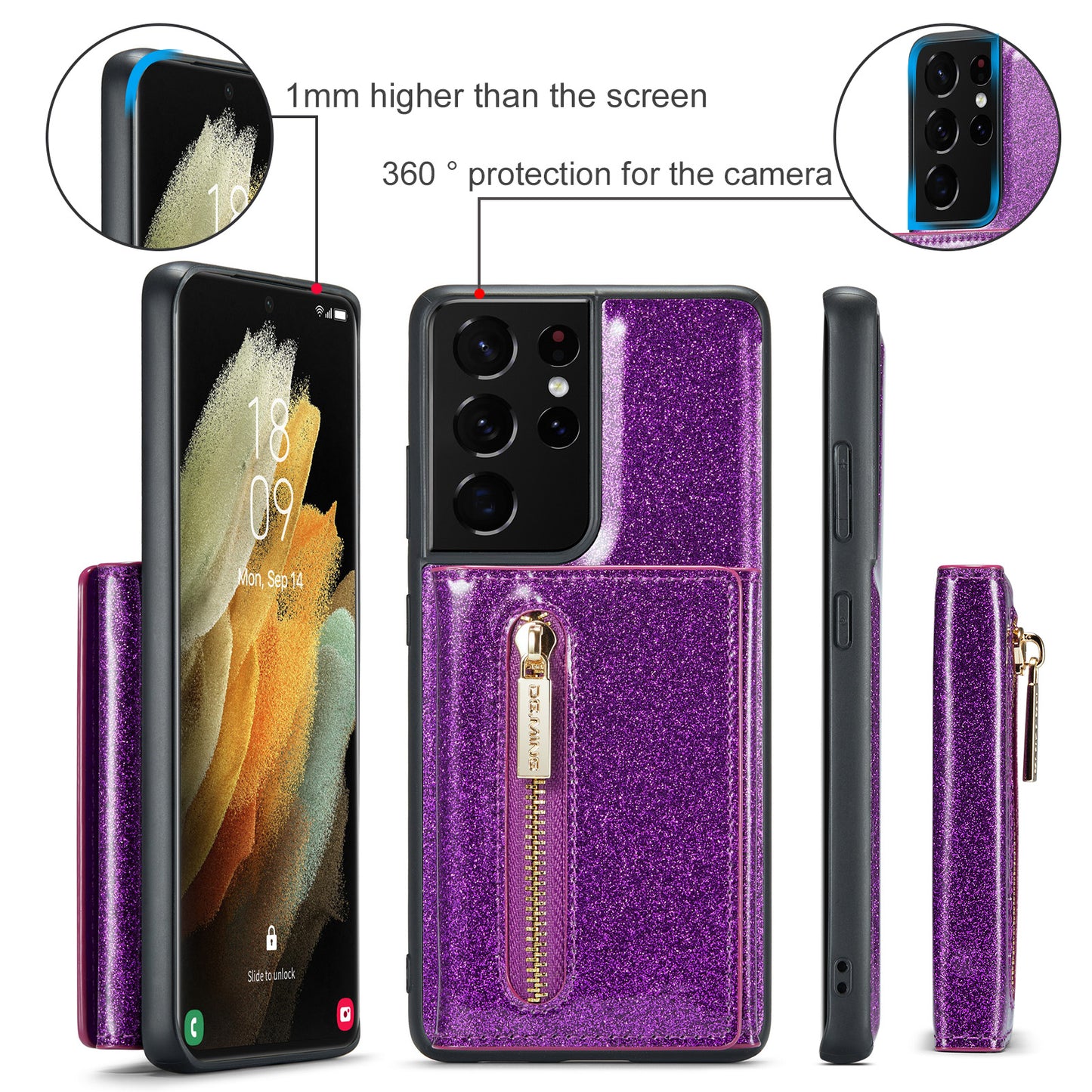 DG.MING Glitter Leather 2-in-1 Wallet Galaxy S21 Ultra Case