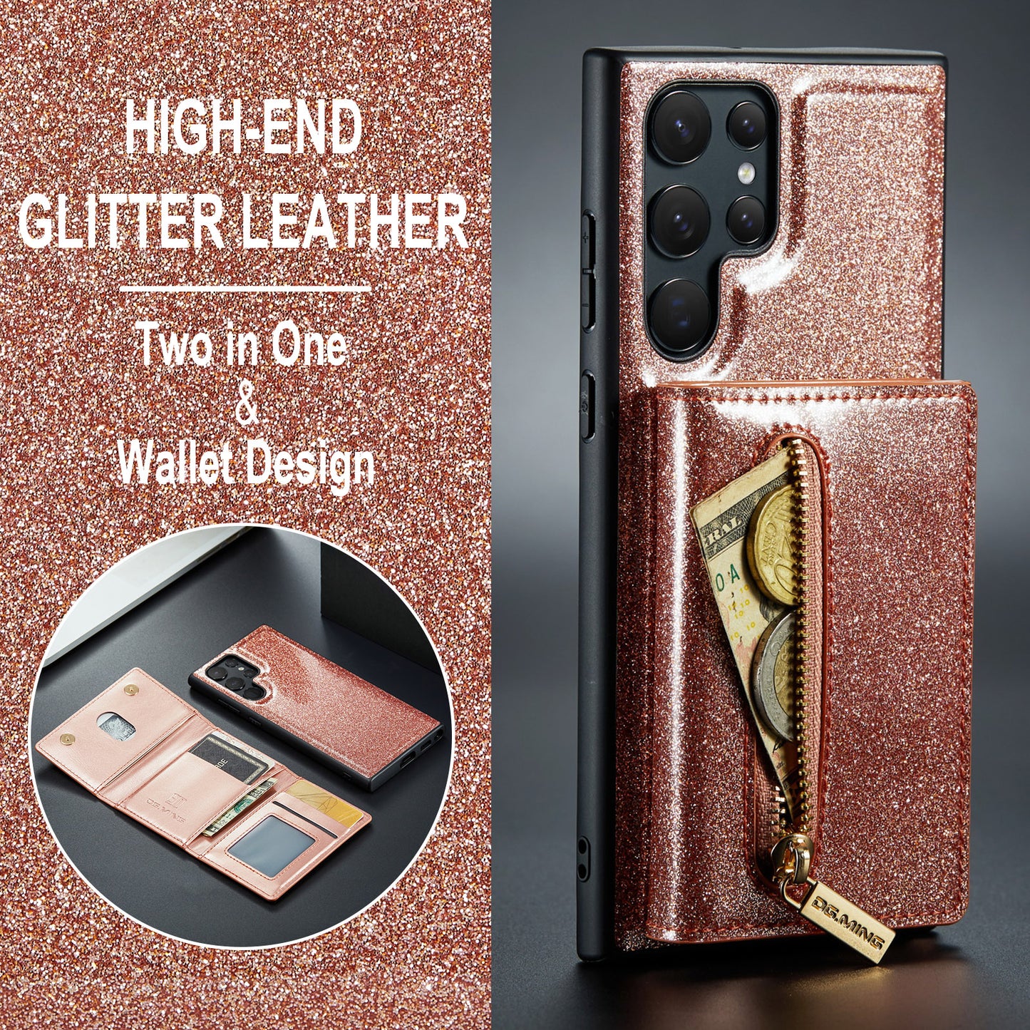 DG.MING Glitter Leather 2-in-1 Wallet Galaxy S23 Ultra Case