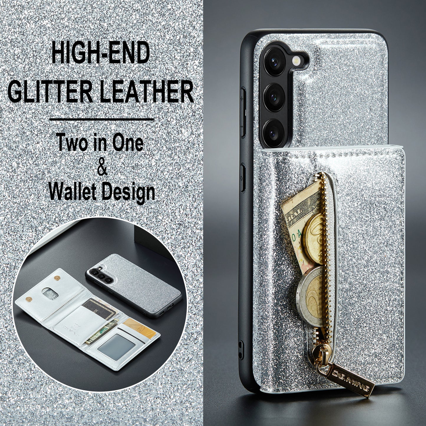 DG.MING Glitter Leather 2-in-1 Wallet Galaxy S24+ Case