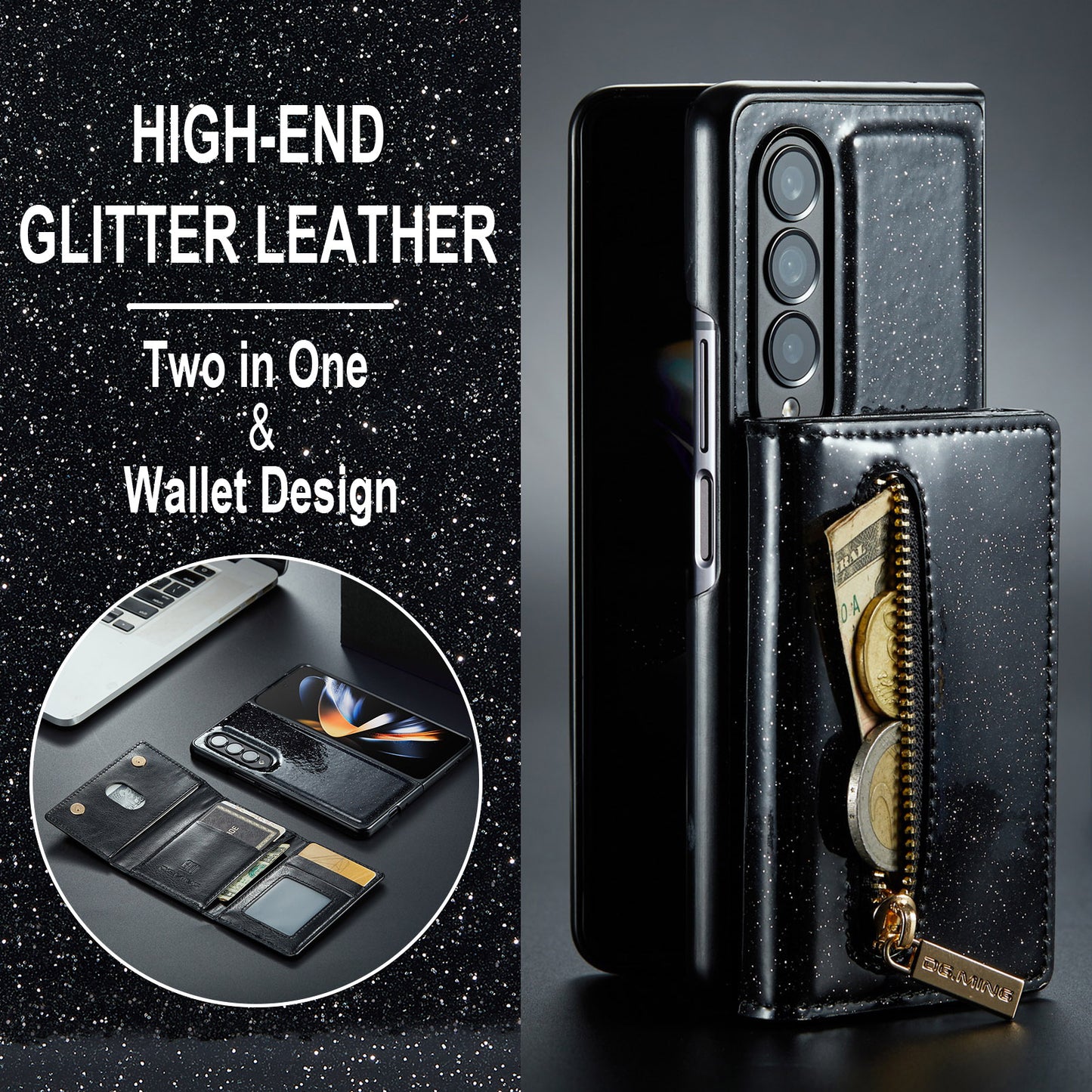 DG.MING Glitter Leather 2-in-1 Wallet Galaxy Z Fold4 Case