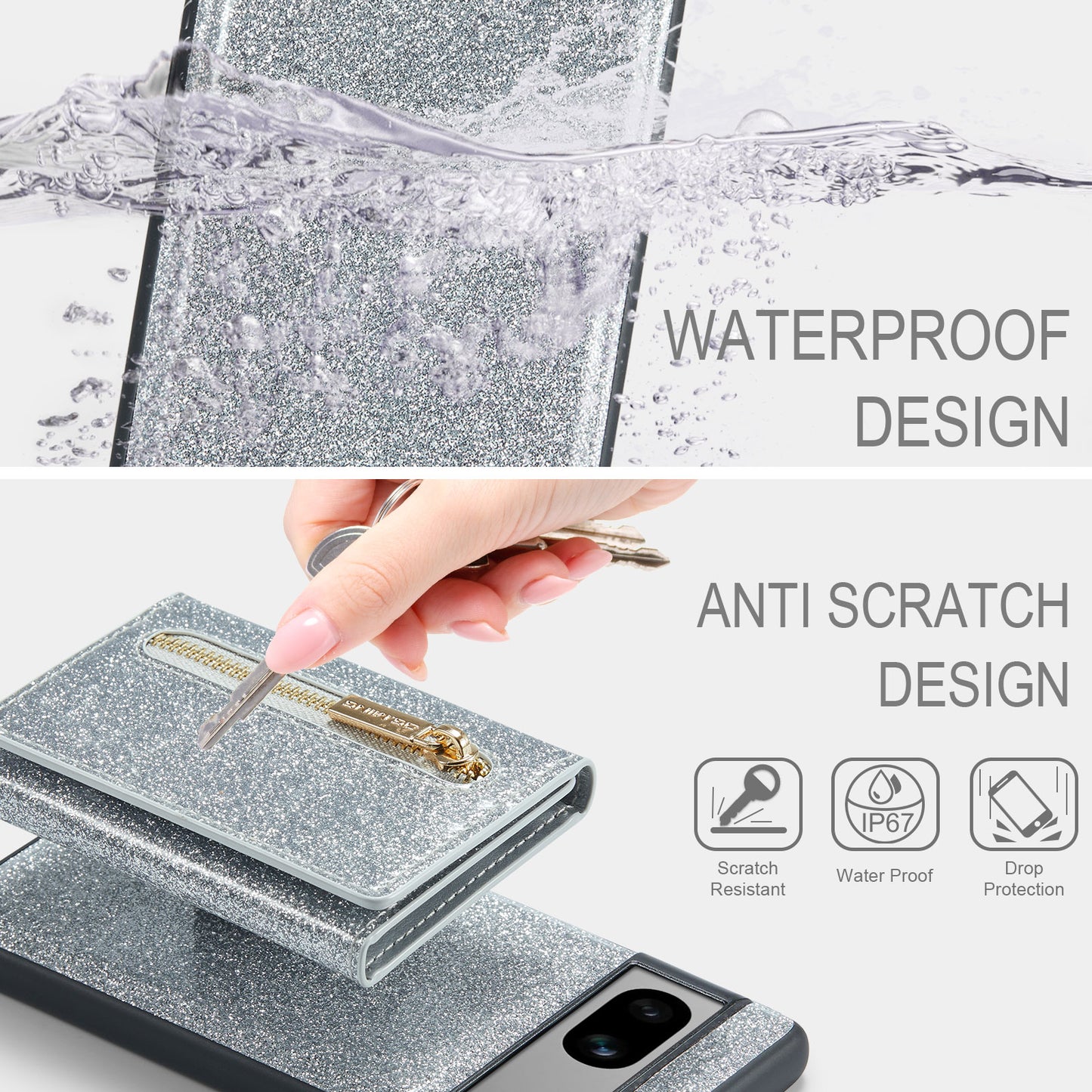 DG.MING Glitter Leather 2-in-1 Wallet Google Pixel 7A Case