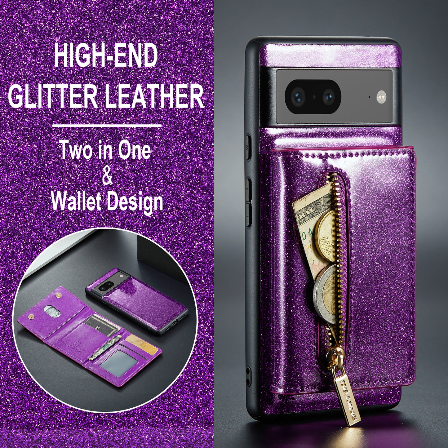 DG.MING Glitter Leather 2-in-1 Wallet Google Pixel 7 Case