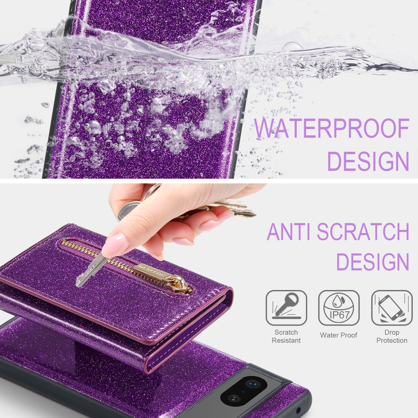 DG.MING Glitter Leather 2-in-1 Wallet Google Pixel 7 Case