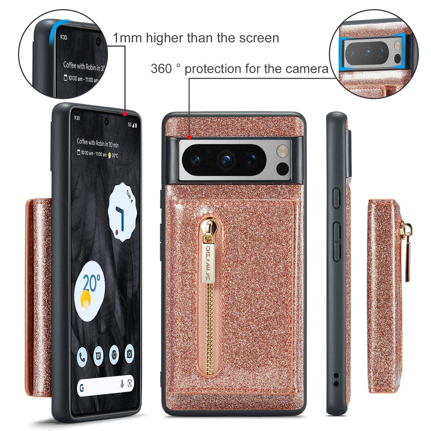 DG.MING Glitter Leather 2-in-1 Wallet Google Pixel 8 Pro Case