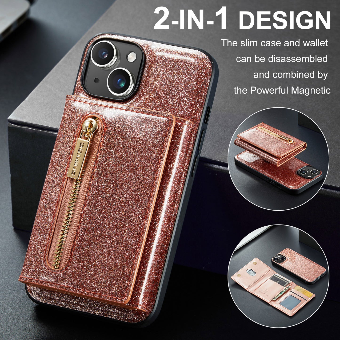 DG.MING Glitter Leather 2-in-1 Wallet iPhone 13 Case