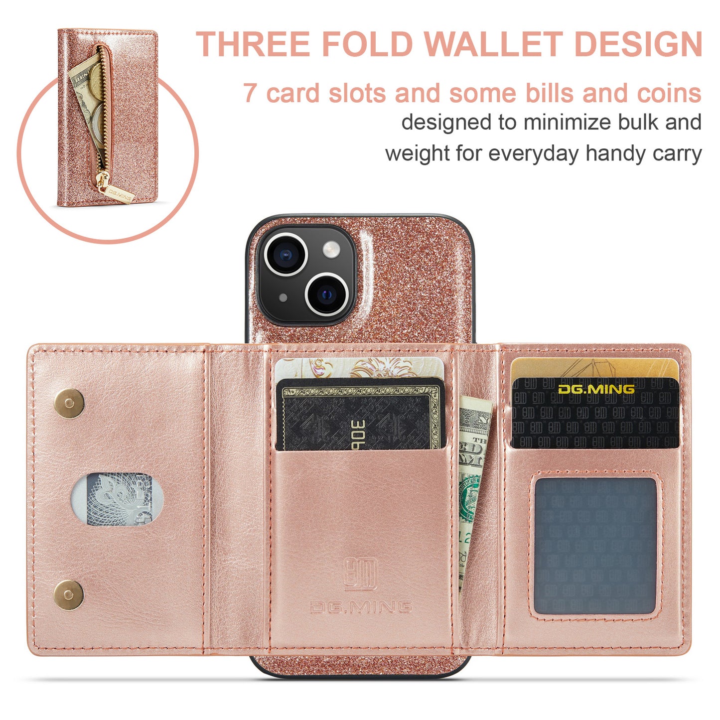 DG.MING Glitter Leather 2-in-1 Wallet iPhone 13 Case