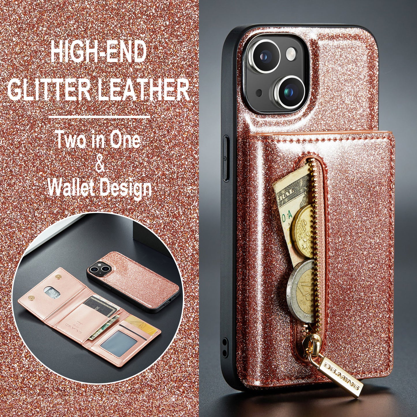 DG.MING Glitter Leather 2-in-1 Wallet iPhone 14 Case