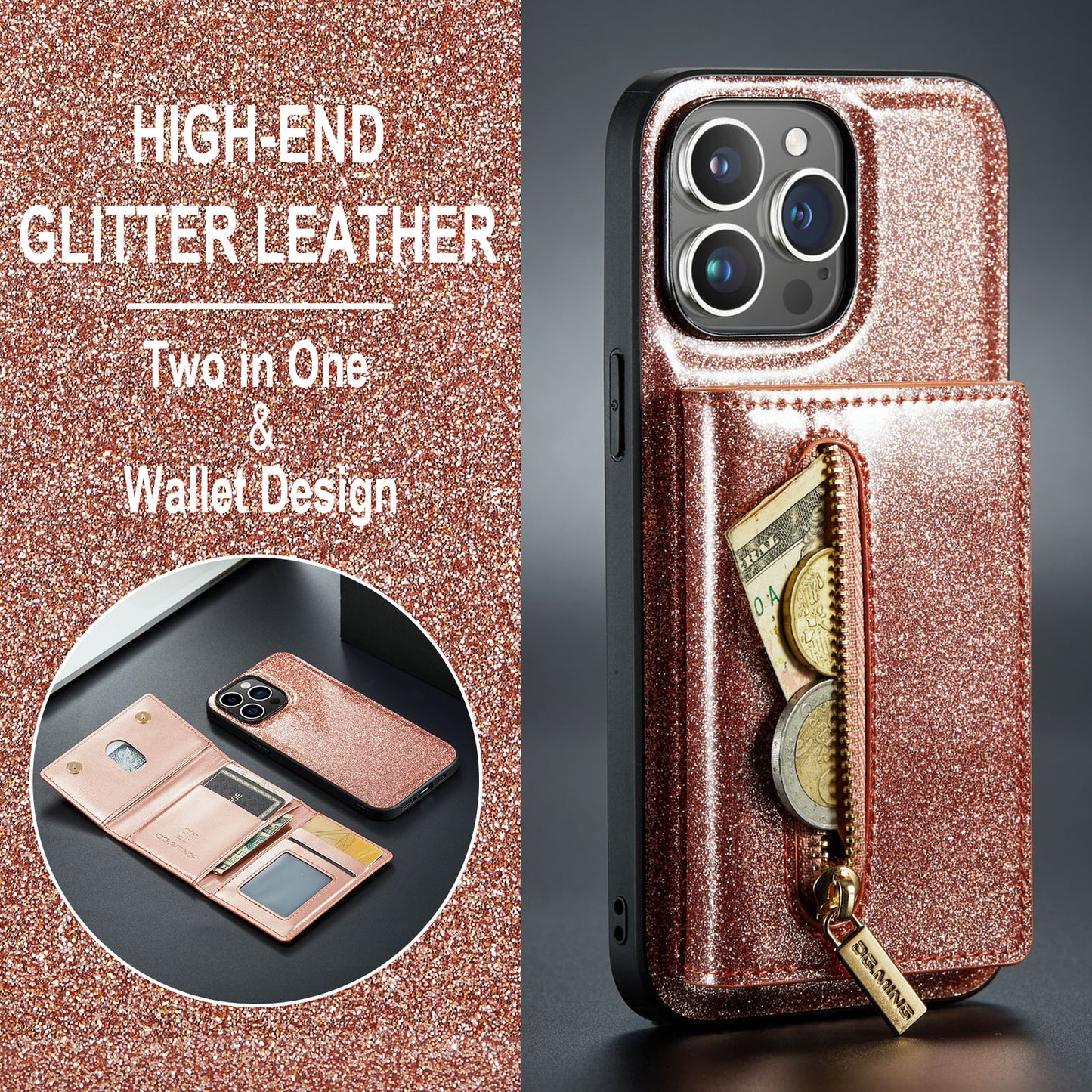 DG.MING Glitter Leather 2-in-1 Wallet iPhone 15 Pro Case