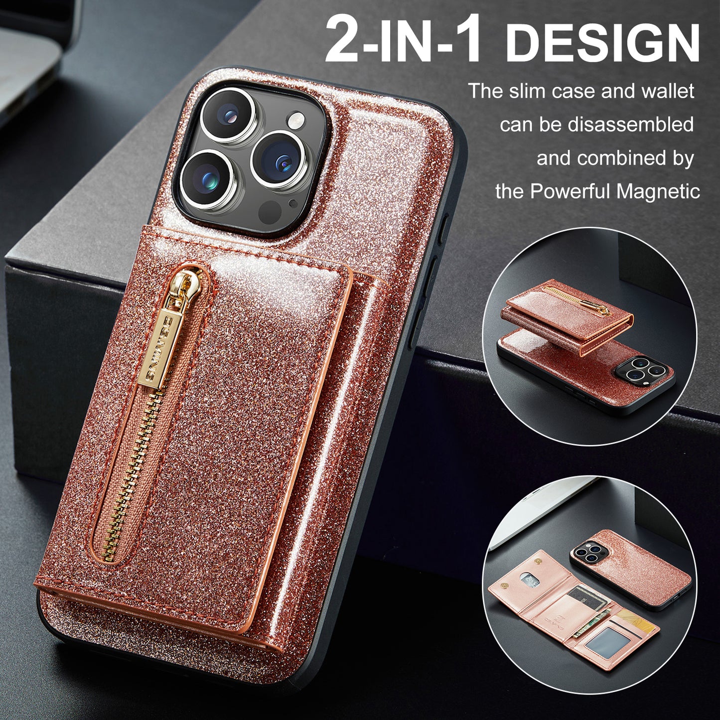 DG.MING Glitter Leather 2-in-1 Wallet iPhone 15 Pro Case