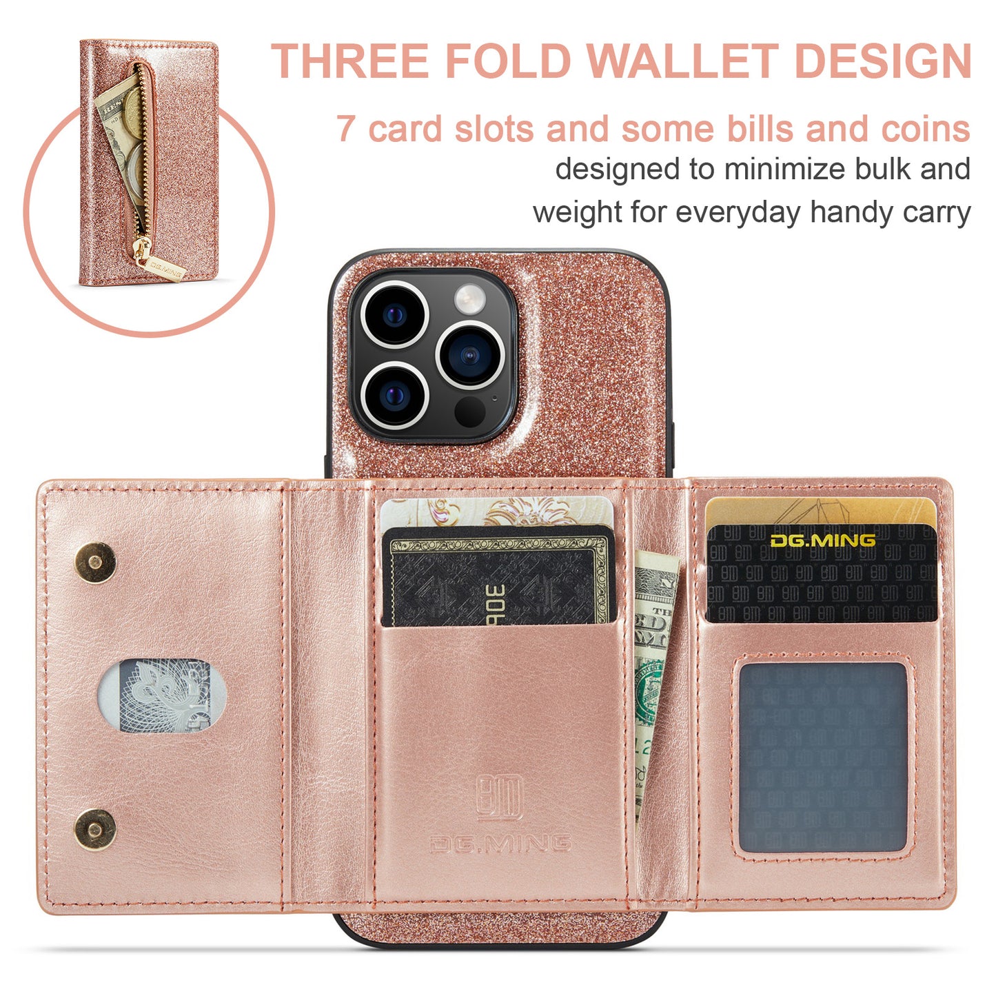 DG.MING Glitter Leather 2-in-1 Wallet iPhone 15 Pro Case