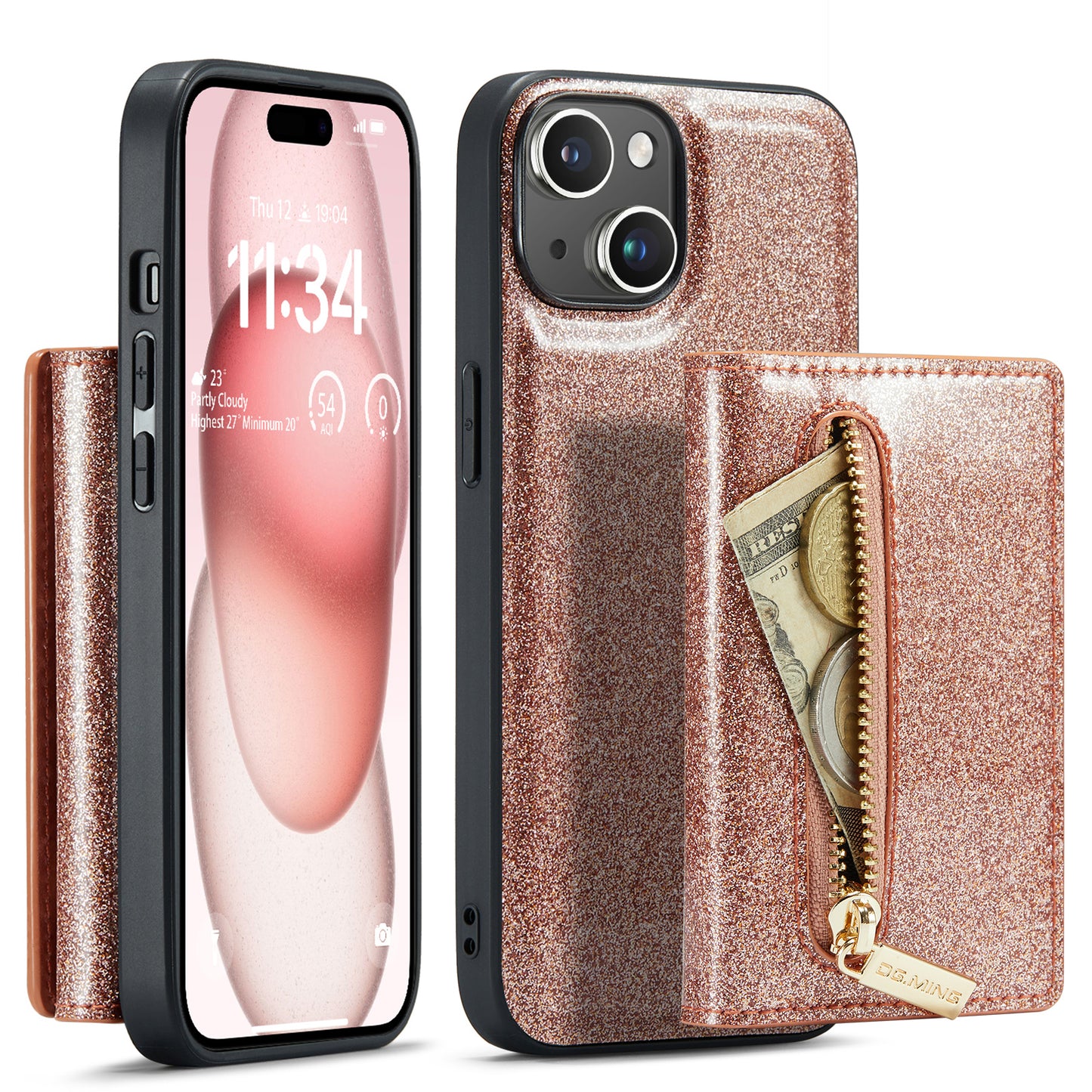 DG.MING Glitter Leather 2-in-1 Wallet iPhone 15 Case