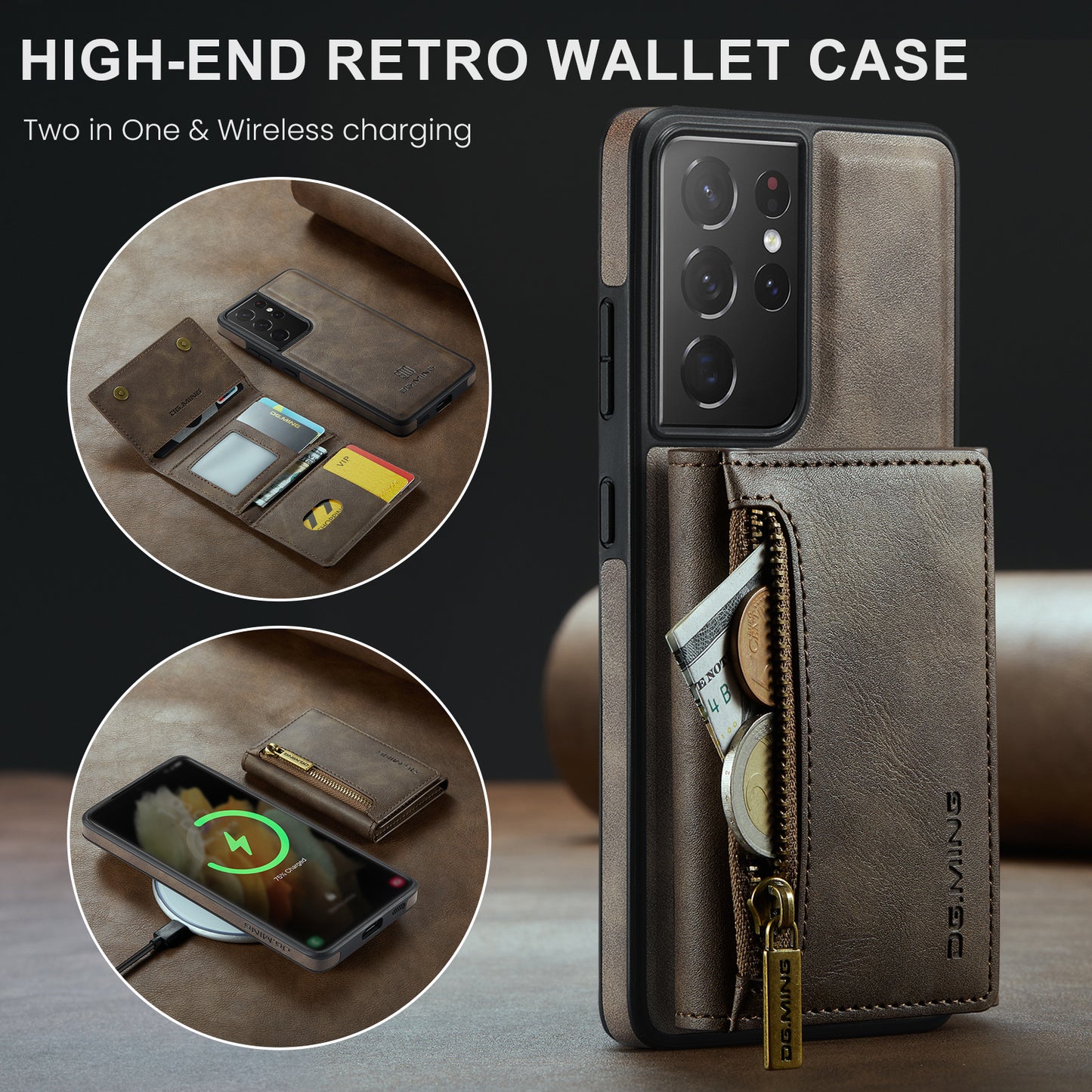 DG.MING Detachable Tri-fold Wallet Galaxy S21 Ultra Case