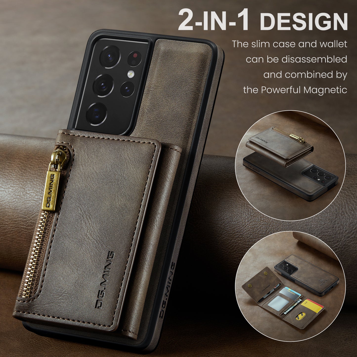 DG.MING Detachable Tri-fold Wallet Galaxy S21 Ultra Case