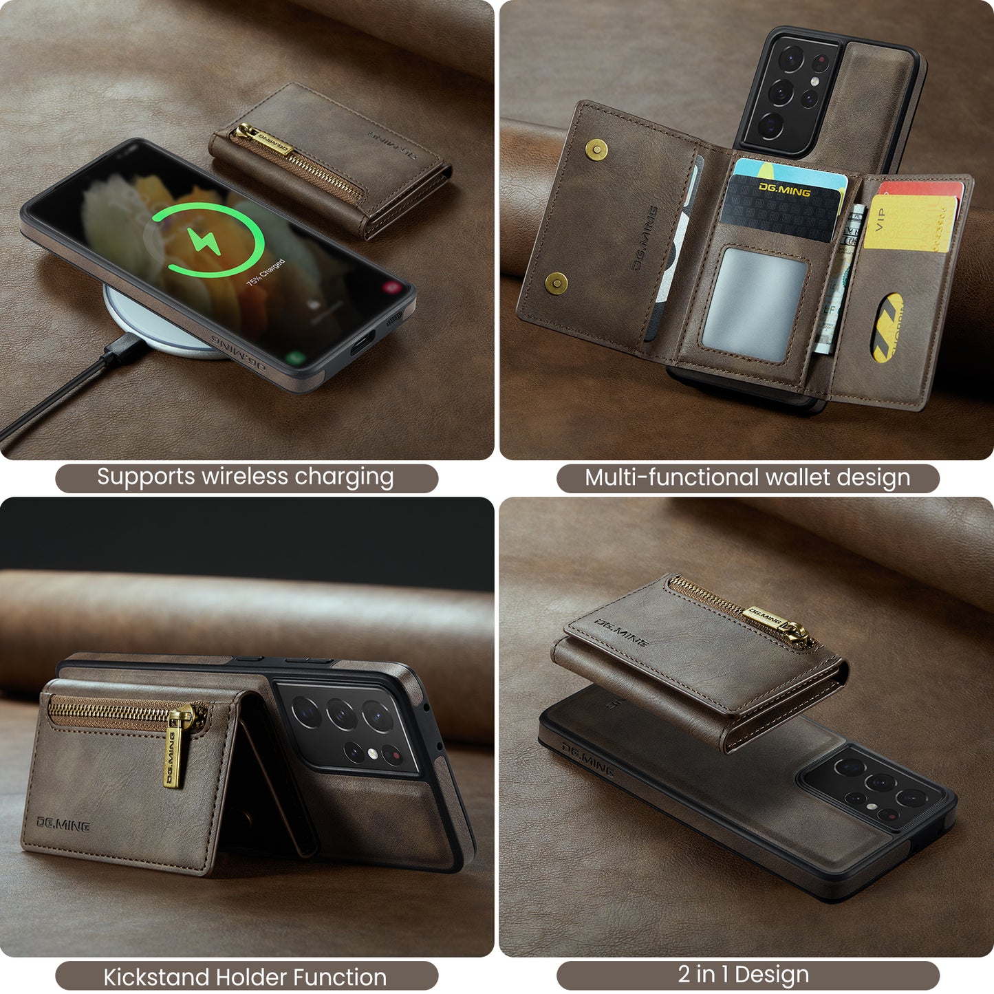 DG.MING Detachable Tri-fold Wallet Galaxy S21 Ultra Case