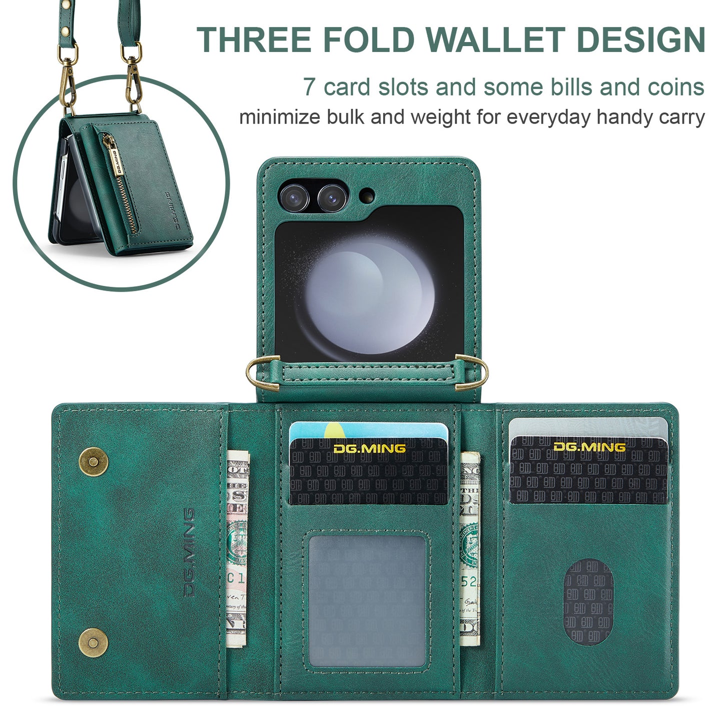 DG.MING Detachable Tri-fold Wallet Galaxy Z Flip5 Case