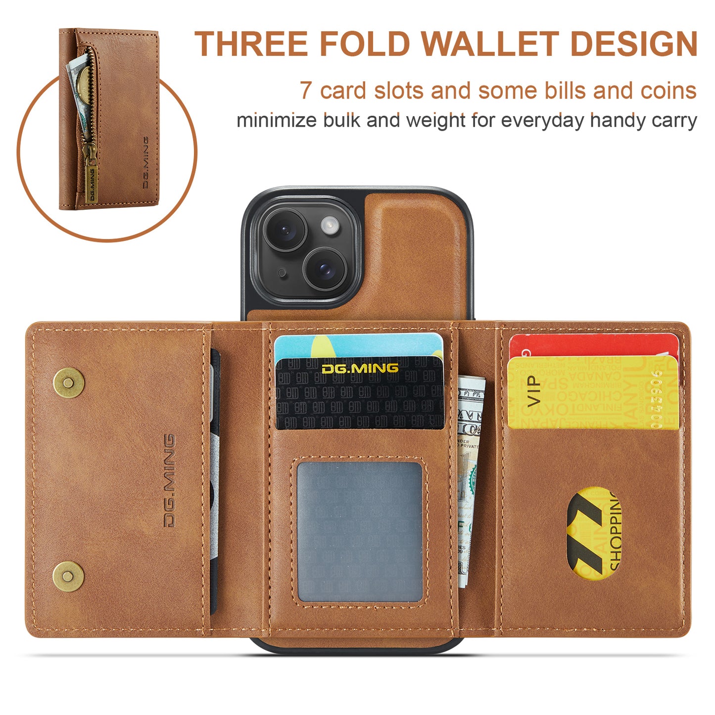 DG.MING Detachable Tri-fold Wallet iPhone 14 Case