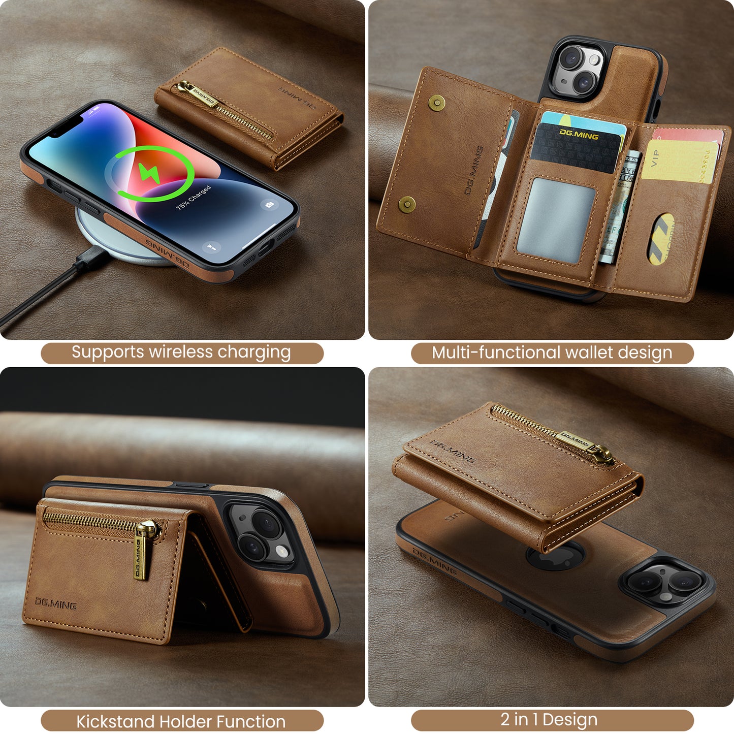 DG.MING Detachable Tri-fold Wallet iPhone 14 Case