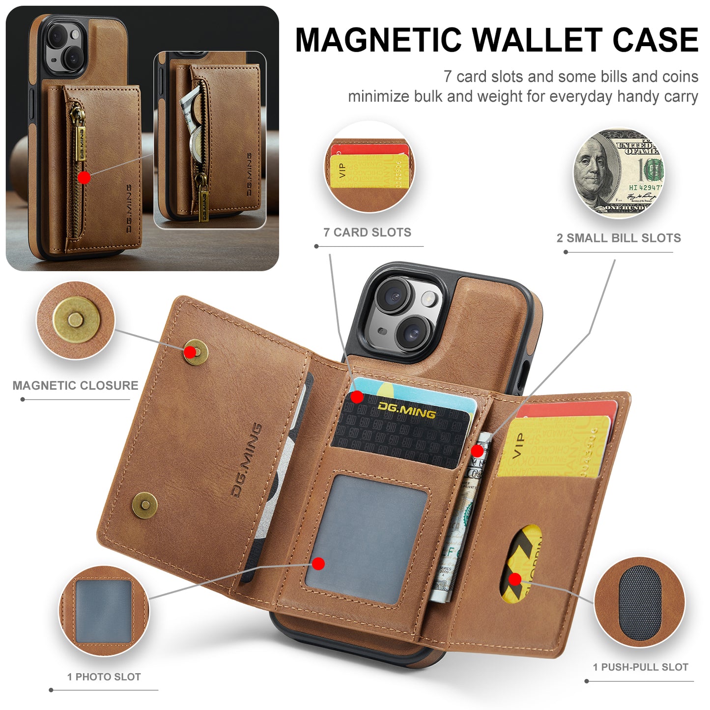 DG.MING Detachable Tri-fold Wallet iPhone 14 Case