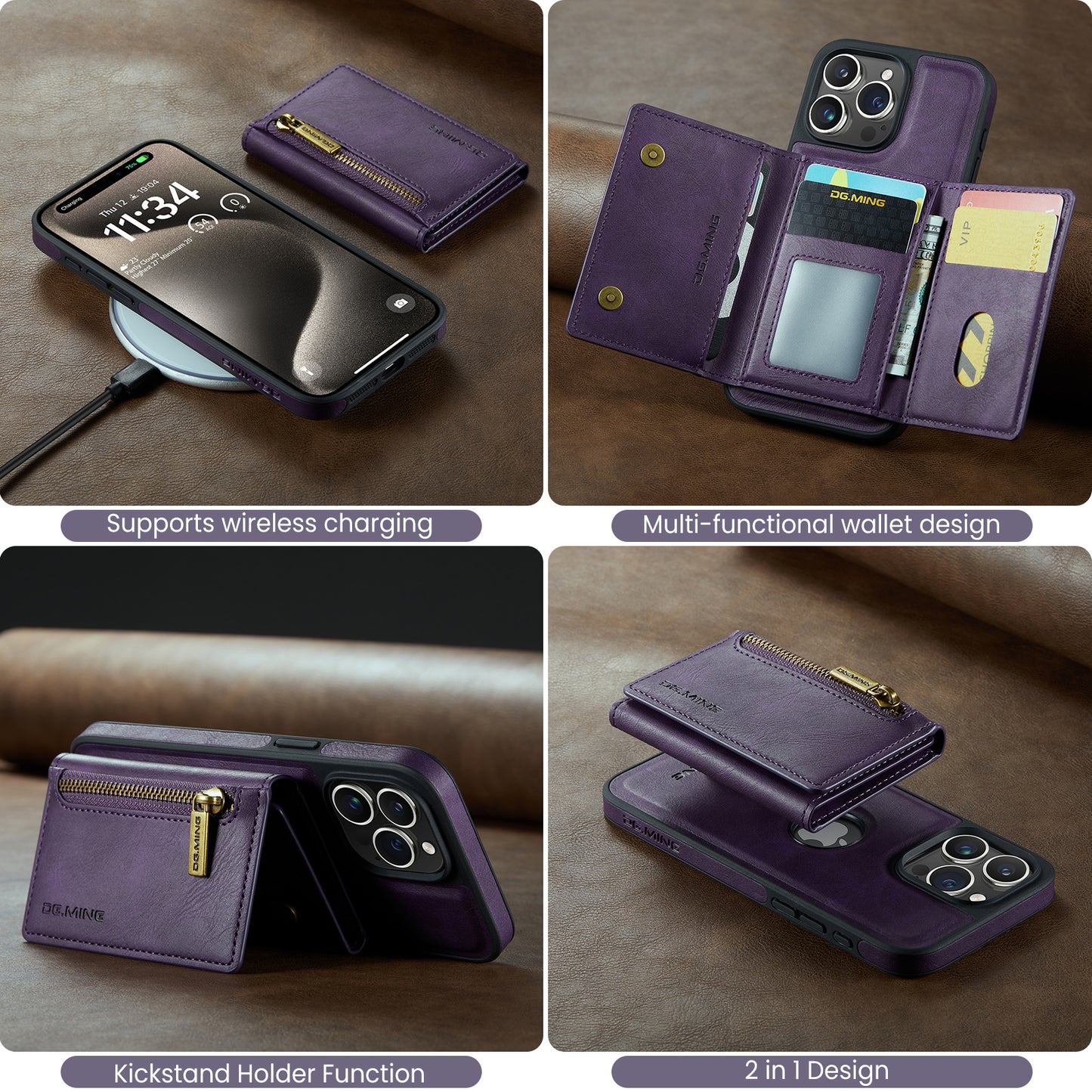 DG.MING Detachable Tri-fold Wallet iPhone 15 Pro Max Case