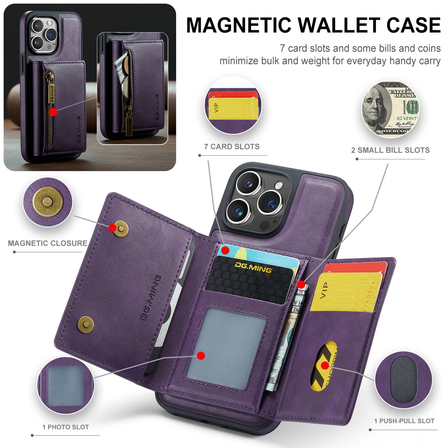 DG.MING Detachable Tri-fold Wallet iPhone 15 Pro Max Case