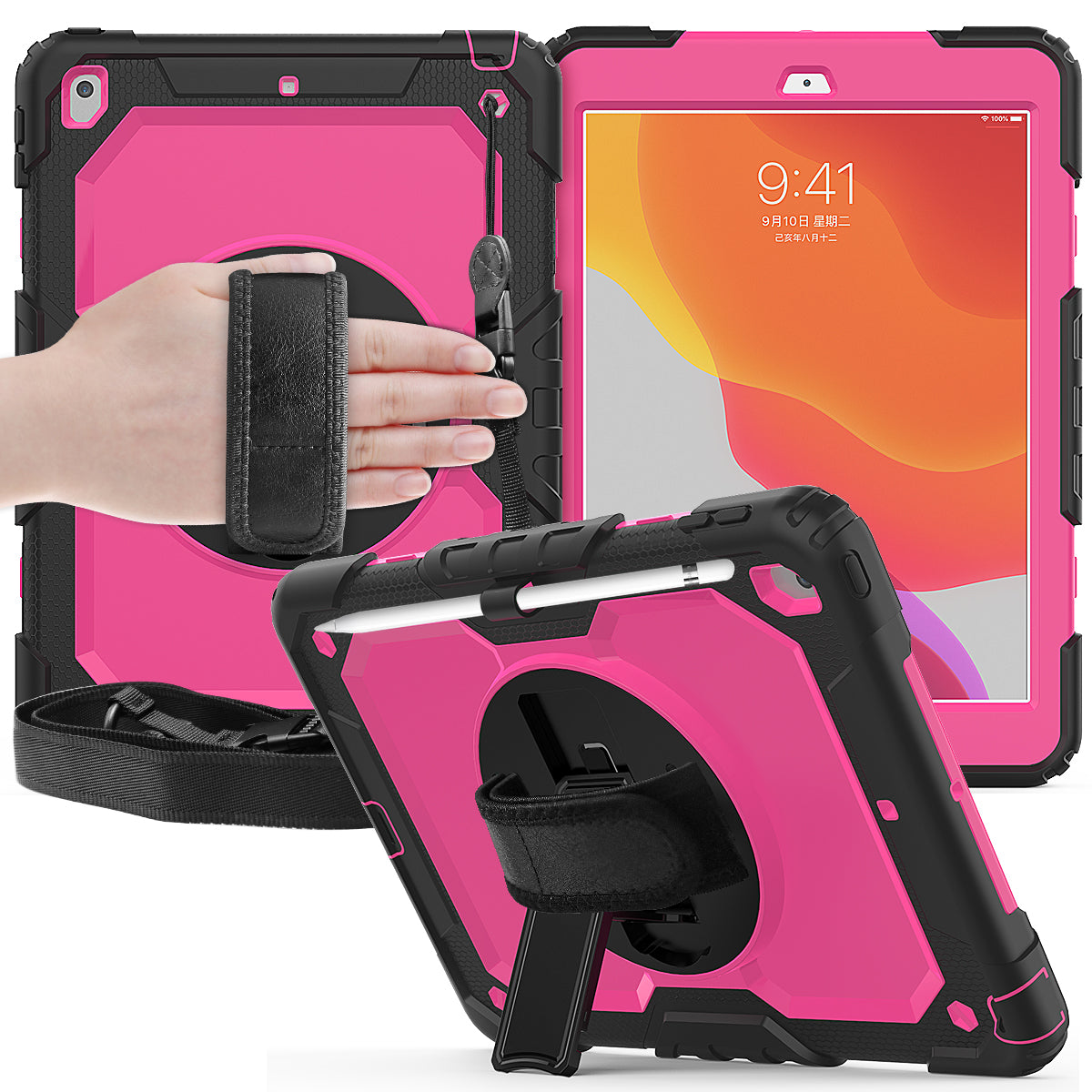 HUIXIANG Tough Strap iPad 9 Case Built-in Screen Protector