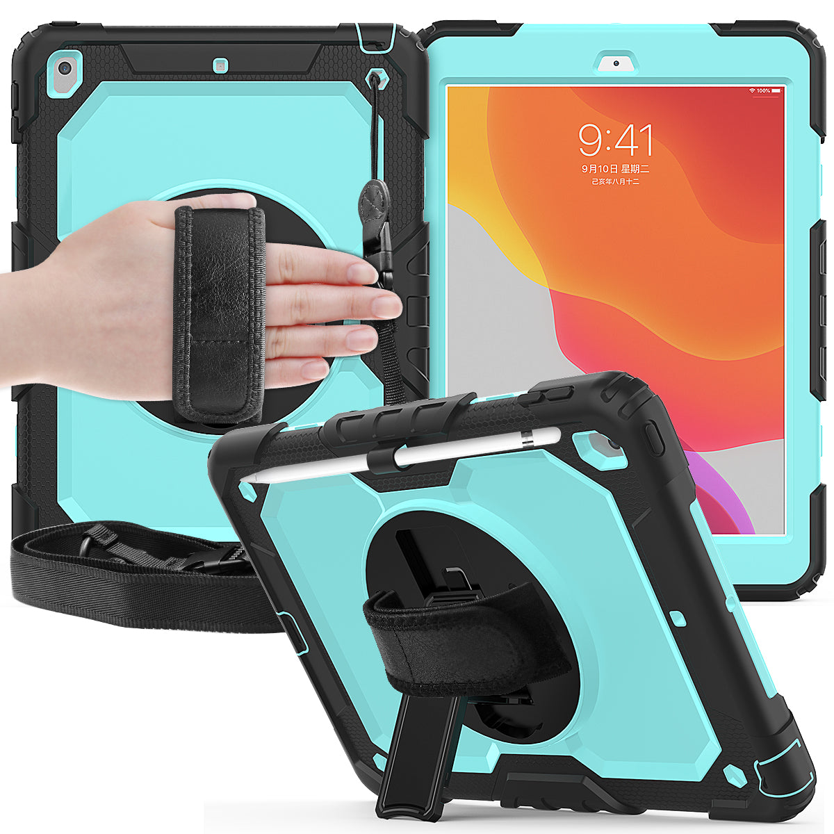 HUIXIANG Tough Strap iPad 9 Case Built-in Screen Protector