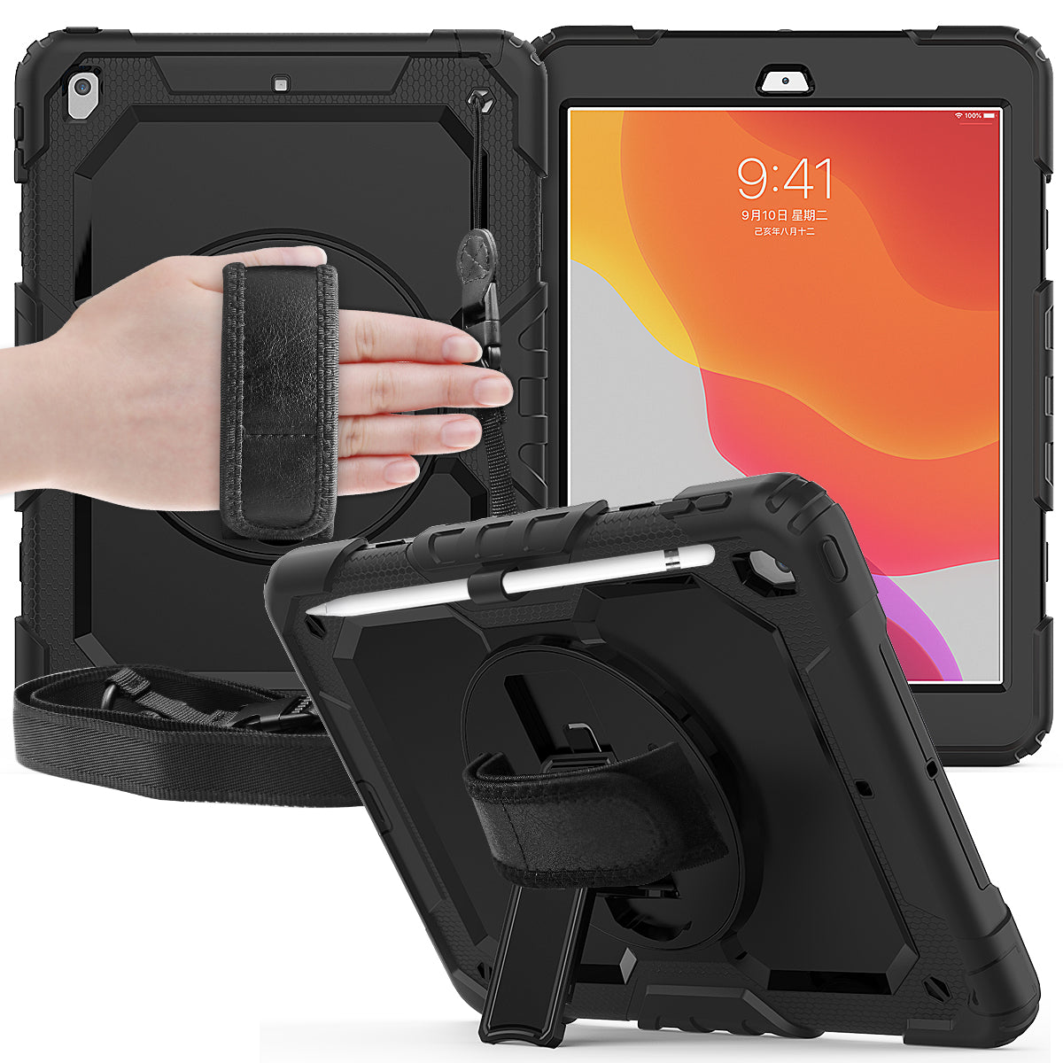 HUIXIANG Tough Strap iPad 9 Case Built-in Screen Protector