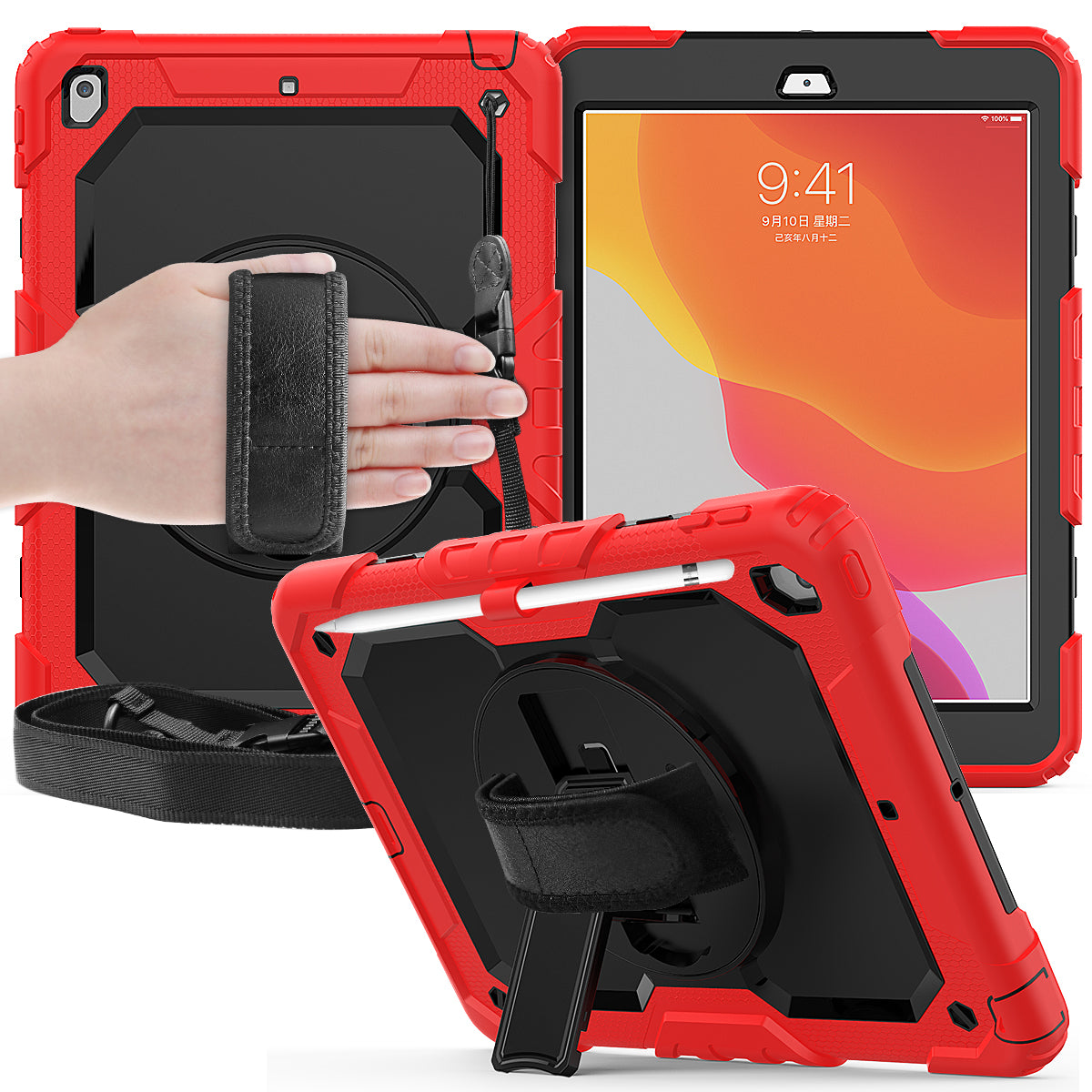 HUIXIANG Tough Strap iPad 9 Case Built-in Screen Protector