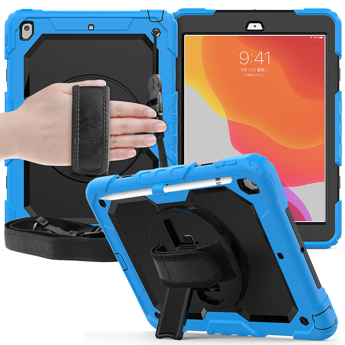 HUIXIANG Tough Strap iPad 9 Case Built-in Screen Protector