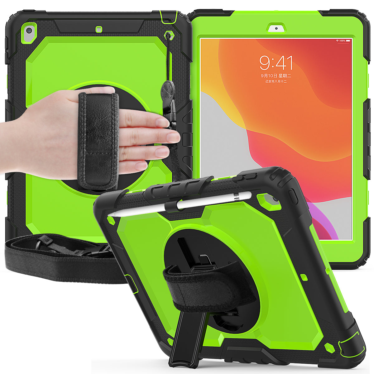 HUIXIANG Tough Strap iPad 9 Case Built-in Screen Protector