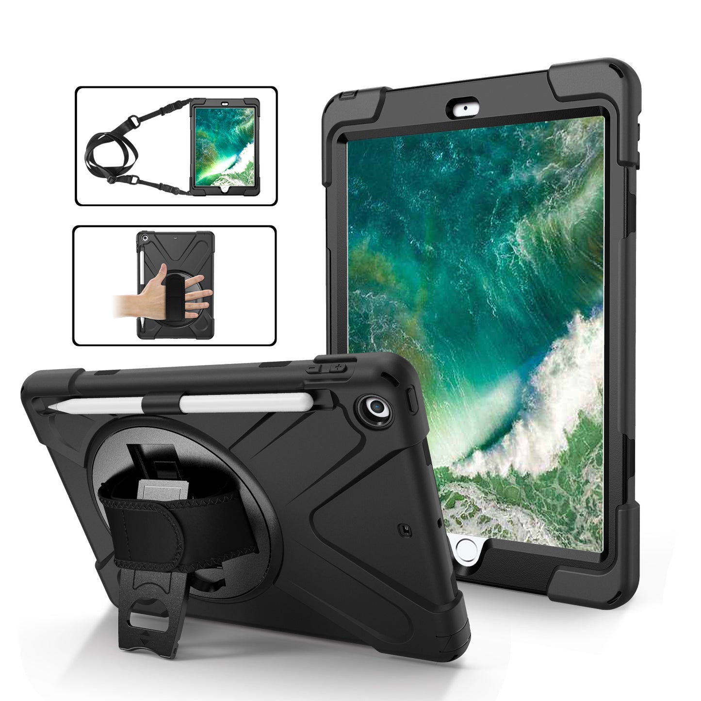 Pirate King iPad 5 Case 360 Rotating Stand with Hand Holder Shoulder Strap