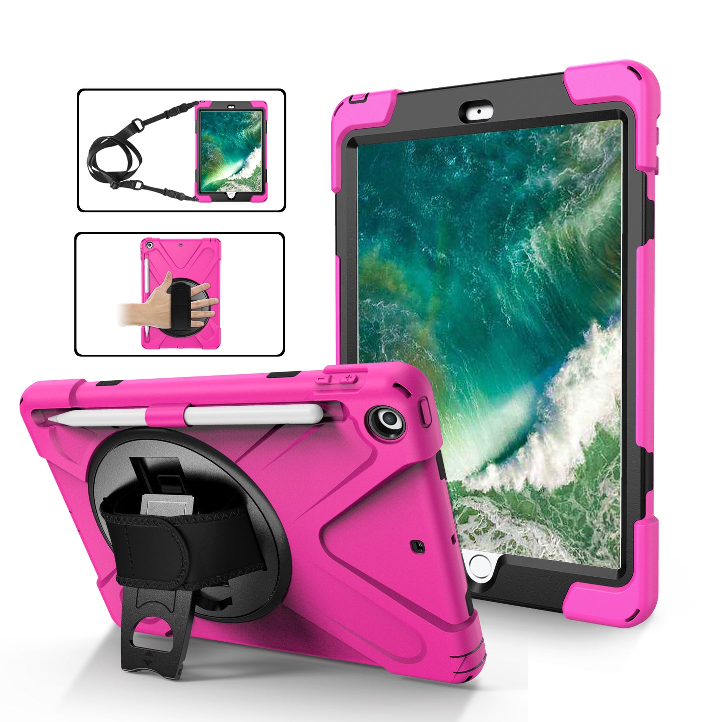 Pirate King iPad 5 Case 360 Rotating Stand with Hand Holder Shoulder Strap