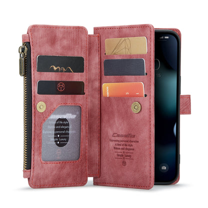 Multi-card Zipper iPhone 13 Pro Leather Case Double Fold Stand with Hand Strap