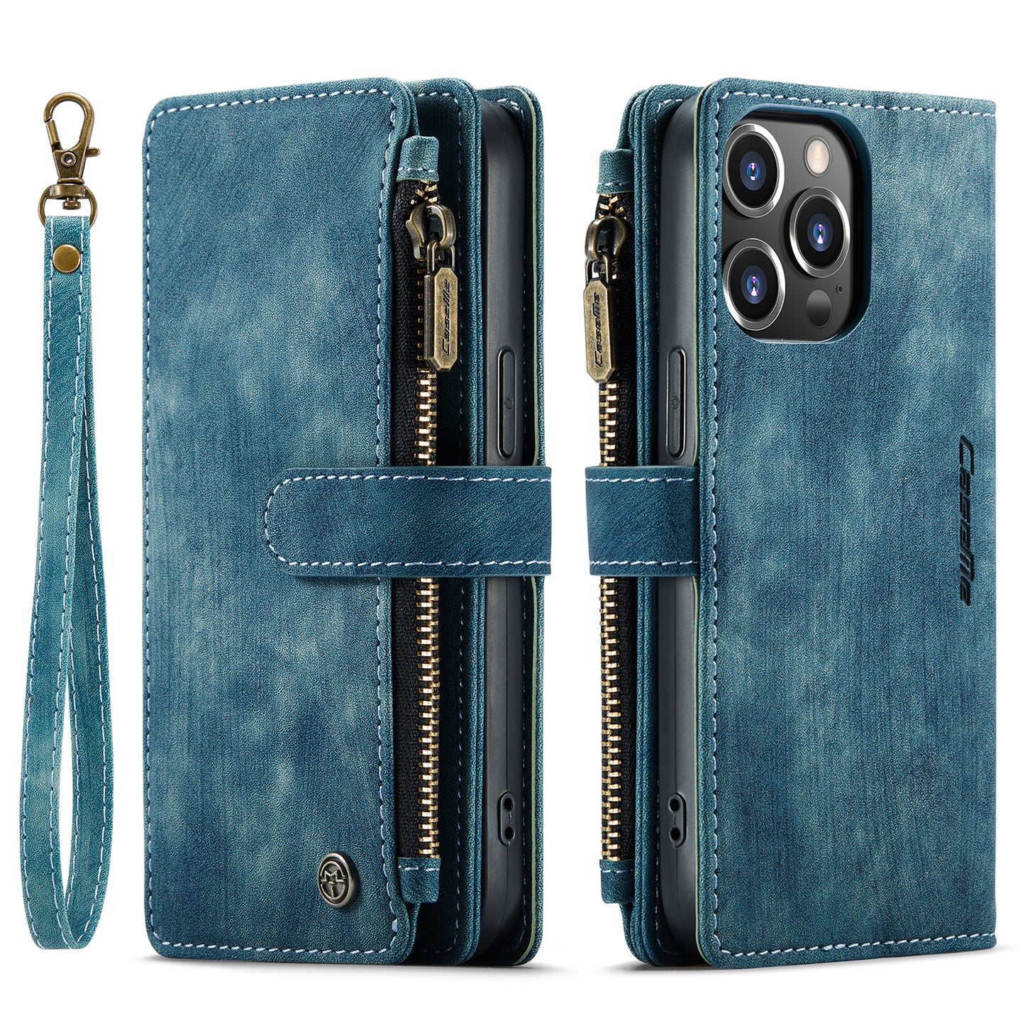 Multi-card Zipper iPhone 13 Pro Leather Case Double Fold Stand with Hand Strap