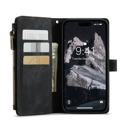 Multi-card Zipper iPhone 14 Pro Max Leather Case Double Fold Stand with Hand Strap