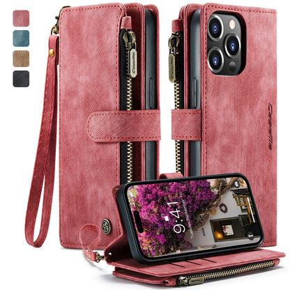 Multi-card Zipper iPhone 14 Pro Max Leather Case Double Fold Stand with Hand Strap