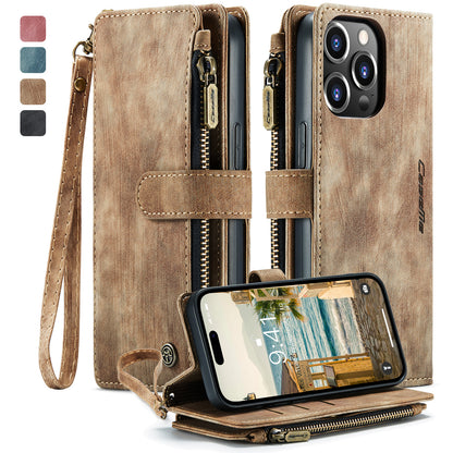 Multi-card Zipper iPhone 14 Pro Max Leather Case Double Fold Stand with Hand Strap