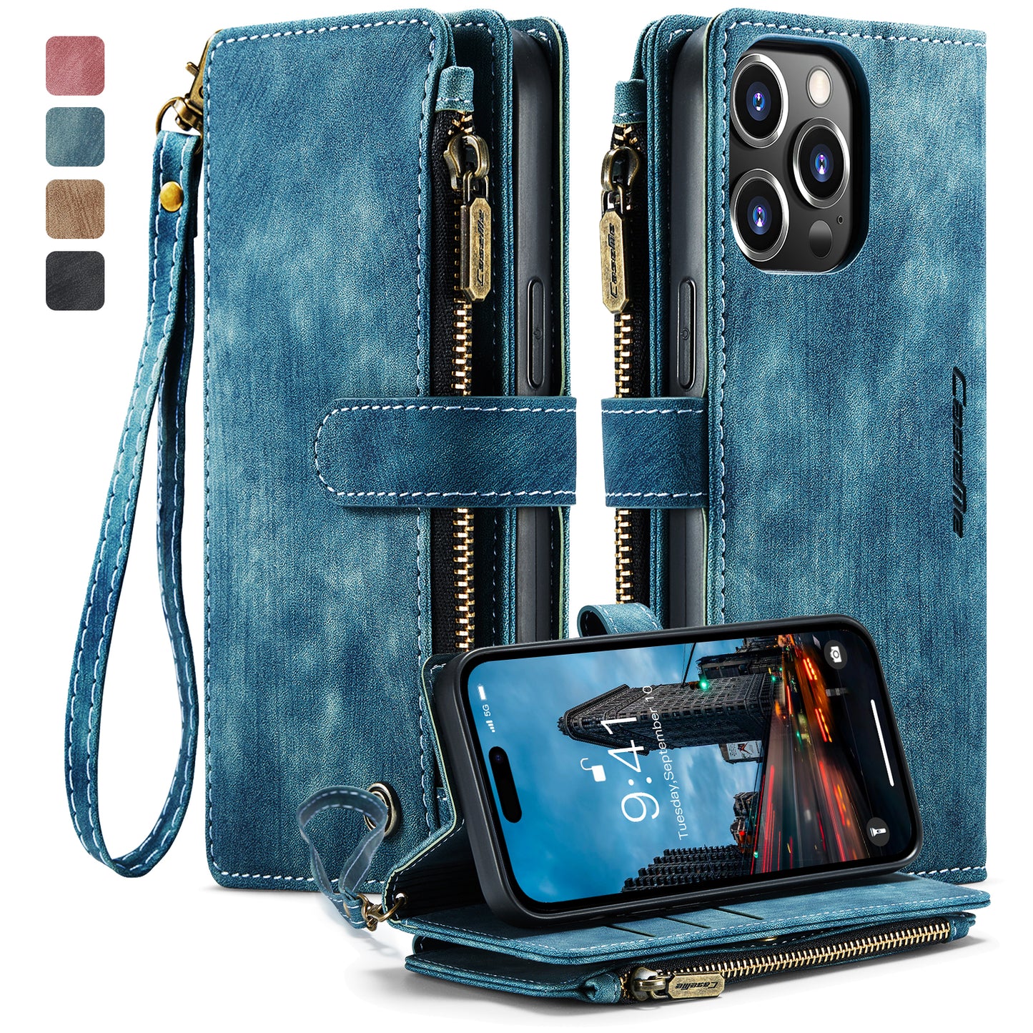 Multi-card Zipper iPhone 14 Pro Max Leather Case Double Fold Stand with Hand Strap