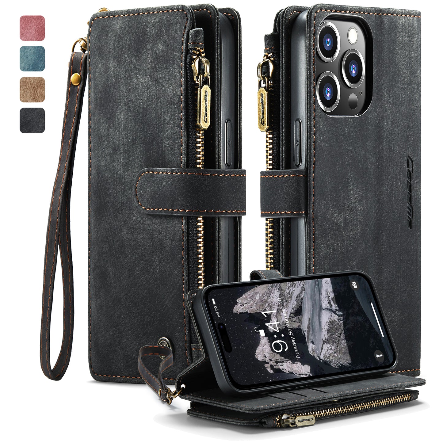 Multi-card Zipper iPhone 14 Pro Max Leather Case Double Fold Stand with Hand Strap