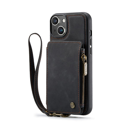 Wrist Strap Anti-theft iPhone 15 Leather Cover Back RFID Blocking Card Holder Zipper