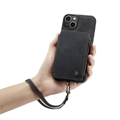 Wrist Strap Anti-theft iPhone 15 Leather Cover Back RFID Blocking Card Holder Zipper