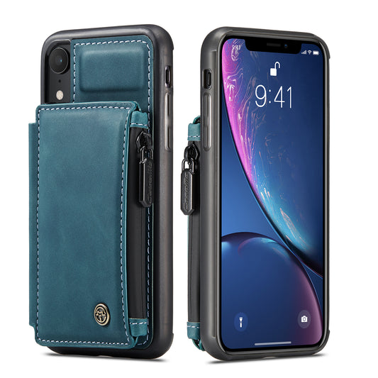 Wrist Strap Anti-theft iPhone XR Leather Cover Back RFID Blocking Card Holder Zipper