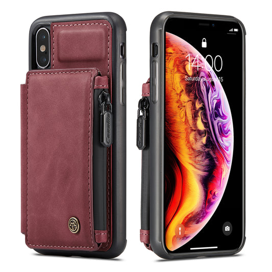 Wrist Strap Anti-theft iPhone X Xs Leather Cover Back RFID Blocking Card Holder Zipper