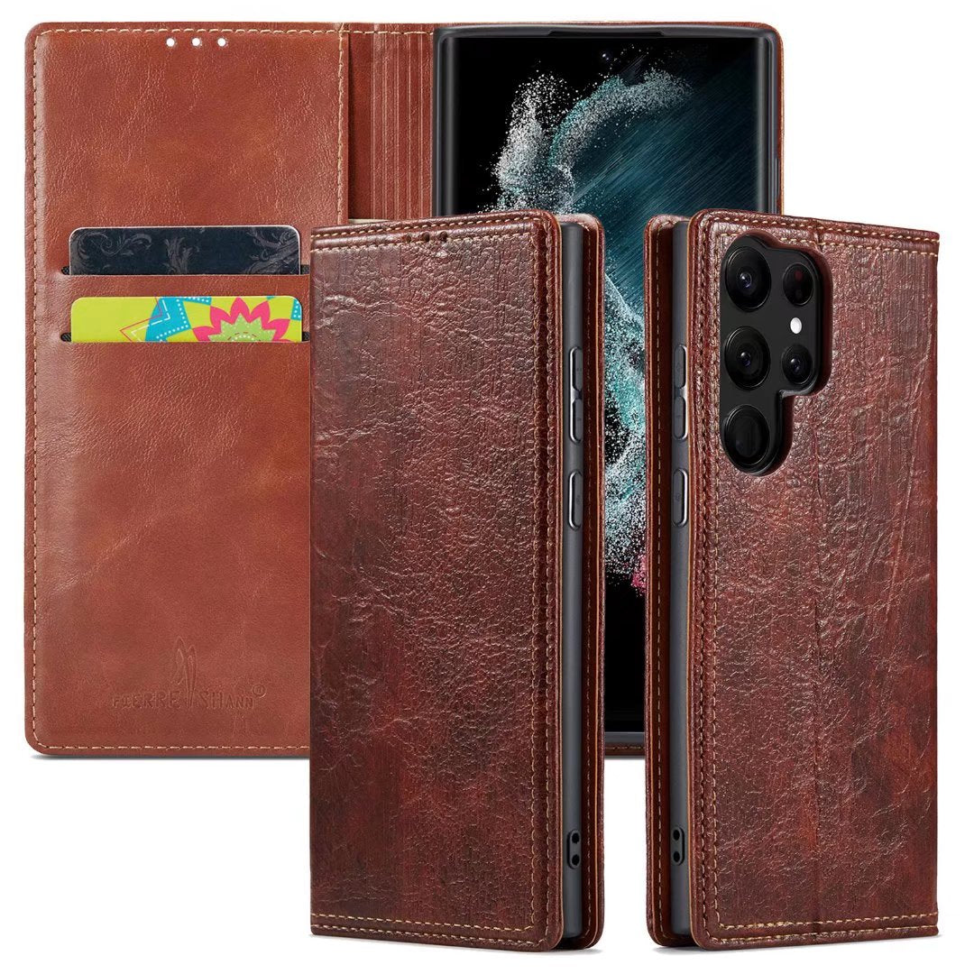 Artificial Tree Leather Galaxy S22 Ultra Case Retro Wallet Stand Deluxe